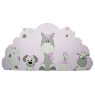 Boerderijdieren (5st.) koe-hond-paard-kip-schaap  op wolk achterplaat- grijs met te kiezen kleur (116x60cm)